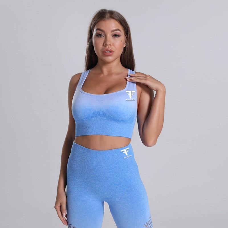 Ensemble sport brassière et legging imprimé Femme bleu en nylon